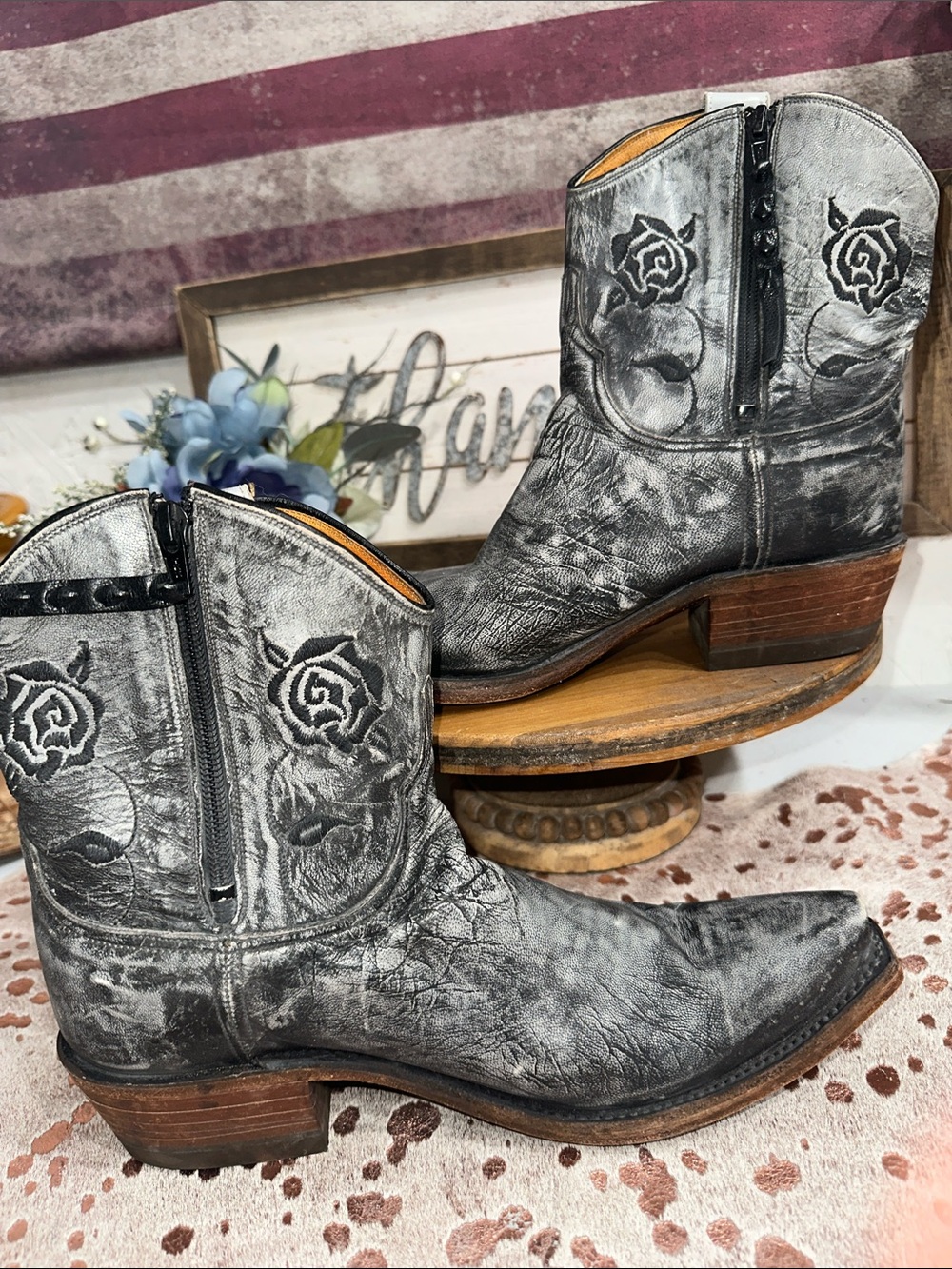 Lucchese Black Distressed Leather Floral Embroidered Ankle Booties - Picture 5 of 11